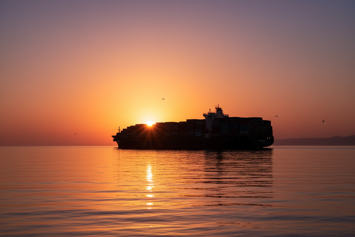 夕阳下的货轮